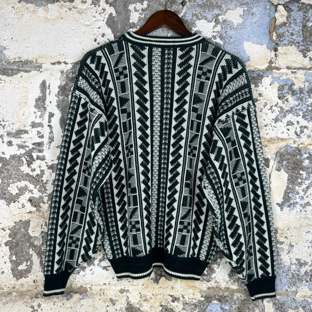 Vintage Geometric Knit Sweater Dark Green Cream Retro Pullover Mens Large